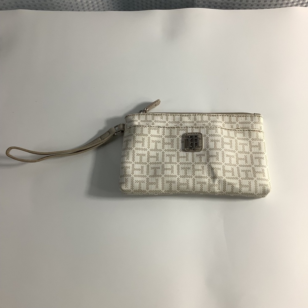 Tommy Hilfiger Women's Logo Printed Medium Wristlet Wallet Clutch Bag White/Tan - Picture 2 of 13